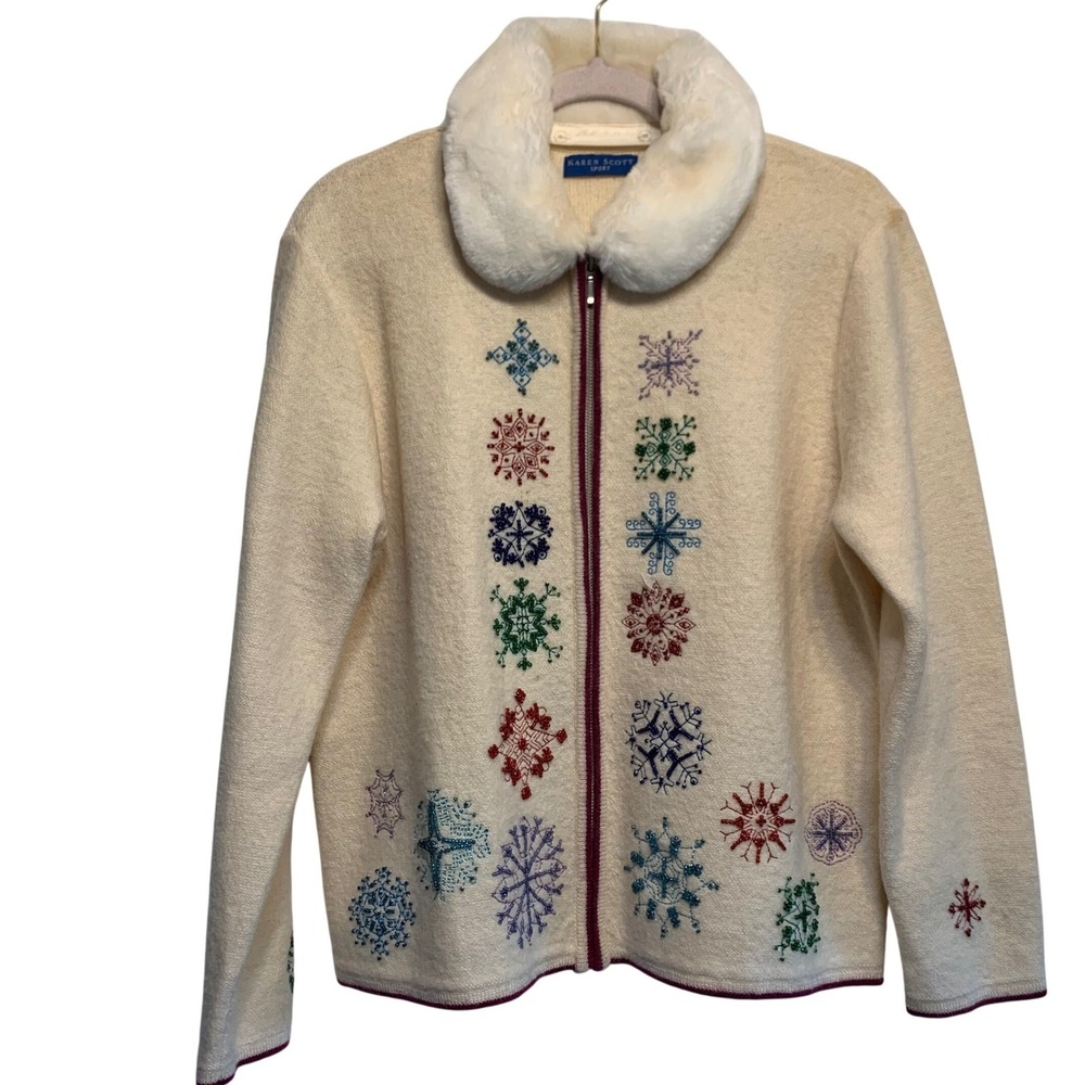 Karen Scott Sport Wool Cardigan L Snowflake Beaded Faux Fur Collar Zip Sweater